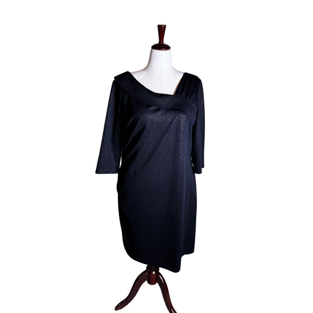 261. Tahari Black Gold Metallic Shimmer Sheath Dress 16W  Glitter Glam‎ Chic